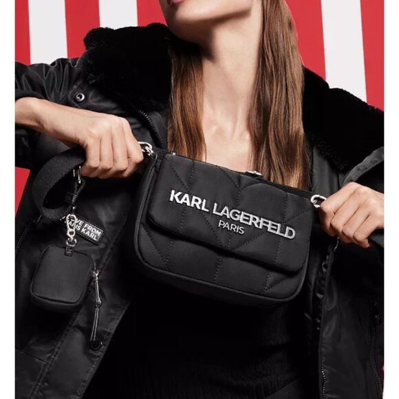 Karl Lagerfeld Paris Voyage Logo Black Quilted Crossbody Bag - Picture 2 of 16